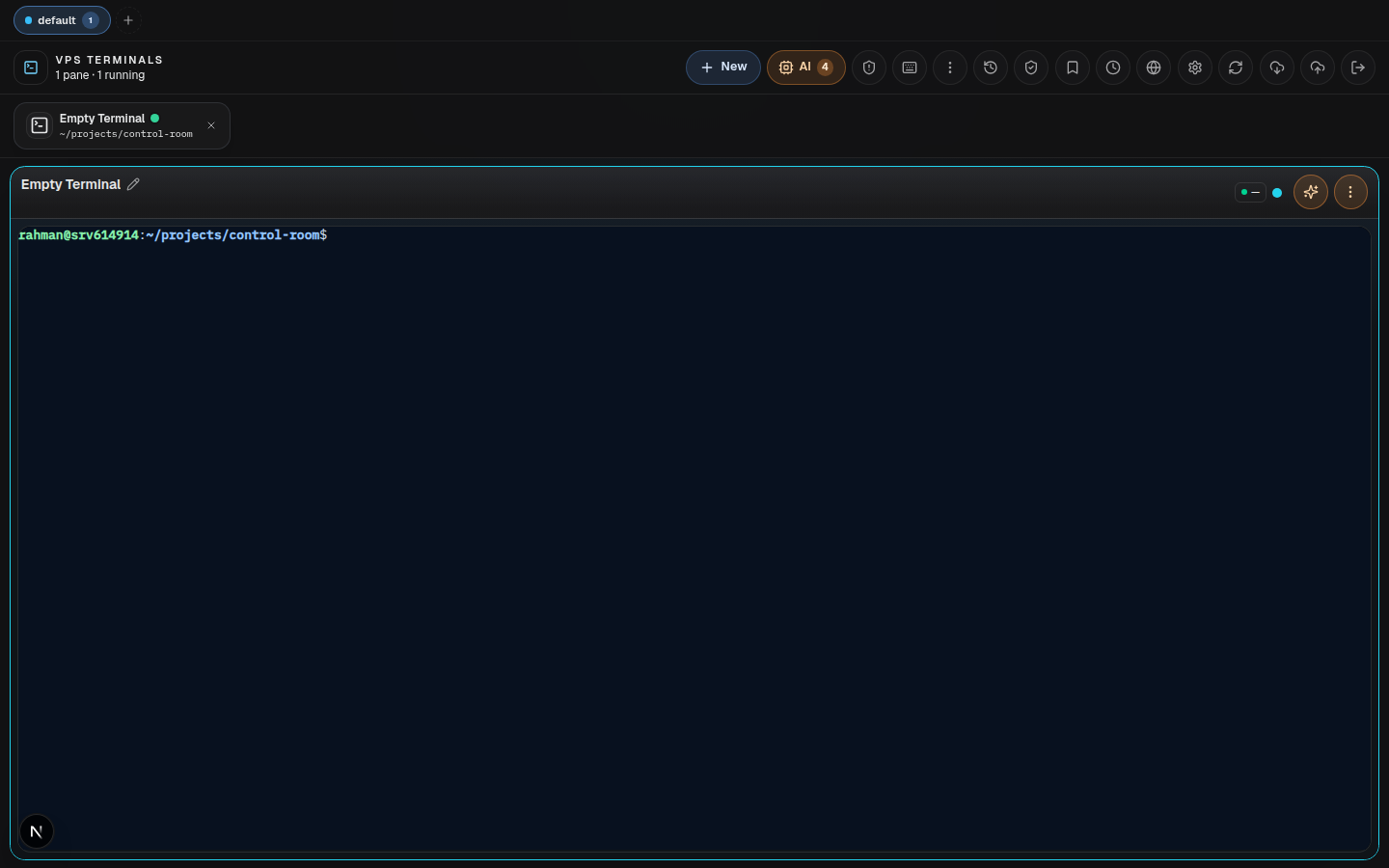 Control Room desktop terminal workspace with menu bar, workspace rail, session toolbar, and terminal stage